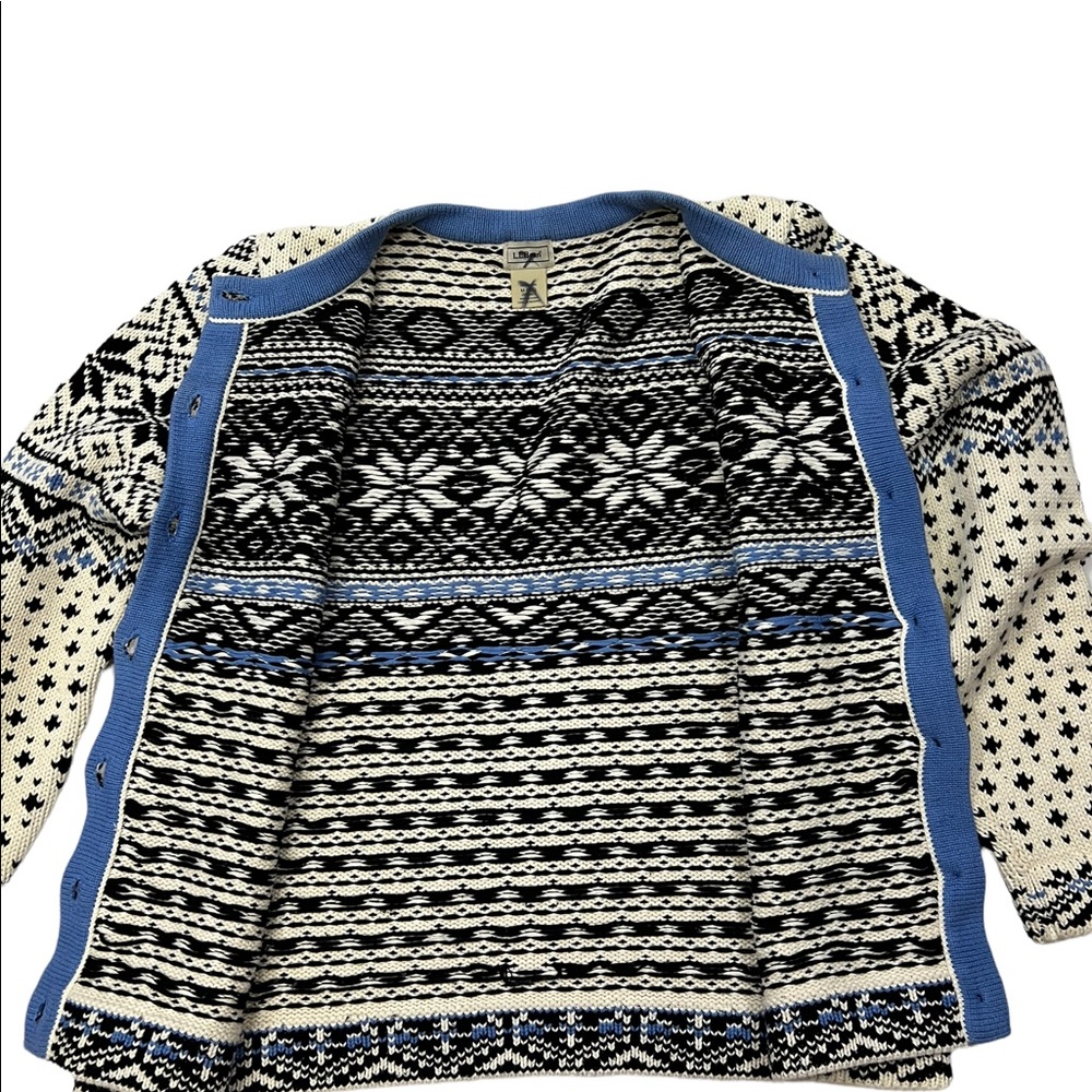 LL BEAN Cotton Cardigan Fair Isle Snowflake Nordic Print Pewter Button - Picture 8 of 10